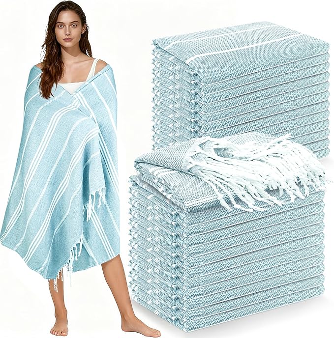YSYJ 24 Pack Turkish Beach Towel 36"x71" Beach Towels Oversized Bath Towels Sand Free Quick Dry Turkish Towel Bulk Extra Large Pool Blanket Blue