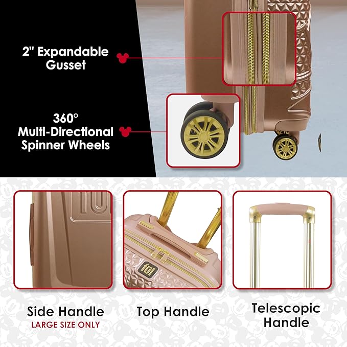 FUL Disney Mickey Mouse 3 Piece Rolling Luggage Set, Hardshell Suitcases with Spinner Wheels, 22/26/30 Inch, Rose Gold