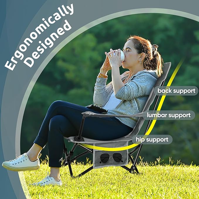 HaSteeL Folding Beach Chair Set of 2, Foldable Grey Camping Chairs for Outside, Low Beach Chair Portable for Adults Fishing, Picnic, Outdoor BBQ, Travel, Sports, Cup Holder & Storage Bag