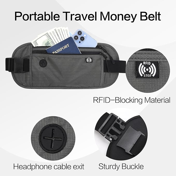 TRAVELSAFE Slim RFID Blocking Money Belt for Travel - Anti-Theft Hidden Passport Holder Waist Wallet with Secure Pouch for Cash, Credit Cards & Phone Safe (B-Dark Grey)