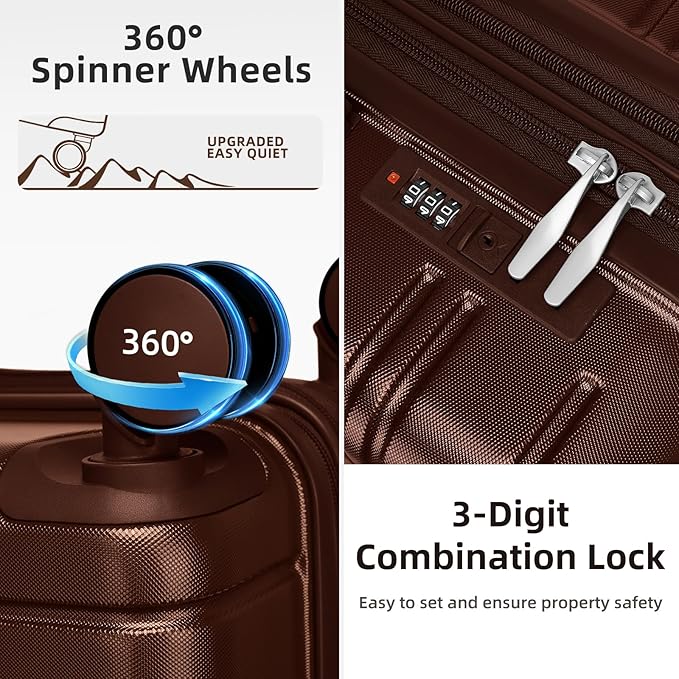 6 Piece Luggage Sets with Bags, Lightweight Expandable Checked Luggage Sets, Hardshell ABS Spinner Wheels Carry on Suitcase with TSA Lock, for Travel, Women Men (Mocha, 18/20/24/28inch+2bags)