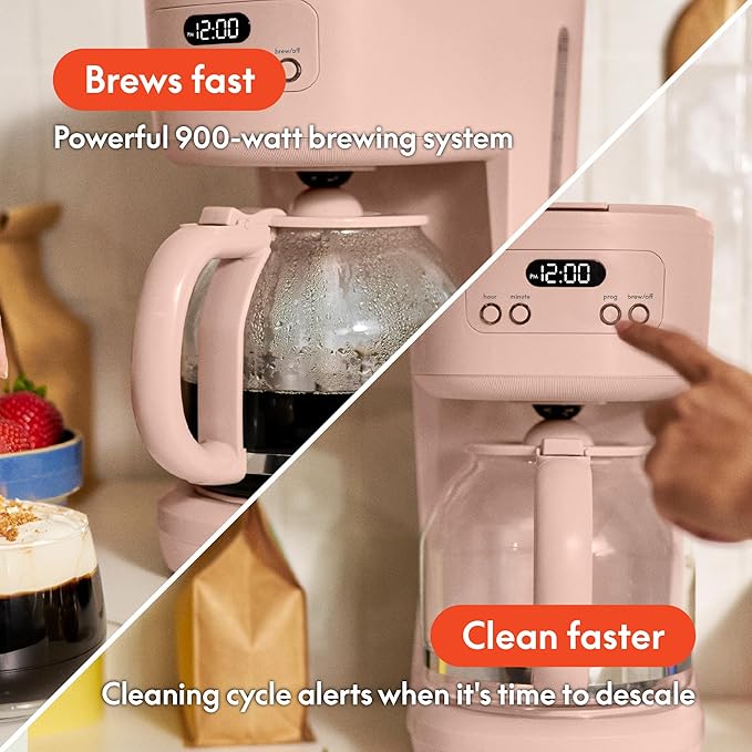 bella 12 Cup Programmable Coffee Marker, Reusable Dishwasher Safe Accessories, Easy LCD diaply, Auto Shutoff, 900 watt, Blossom