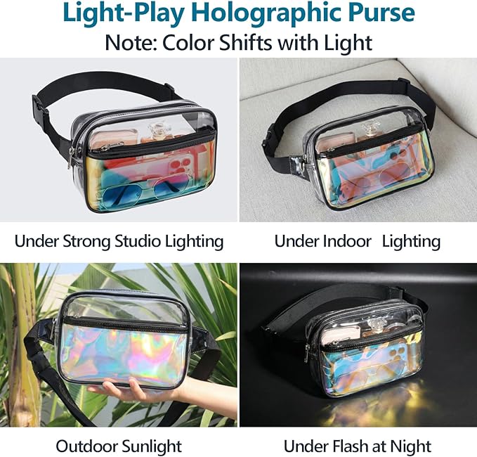 Veckle Holographic Fanny Pack for Women - Plus Size 35-51 Inch Iridescent Clear Belt Bag, Adjustable Crossbody Waist Bag for Concert, Festivals, Raves, Theme Parks, Black