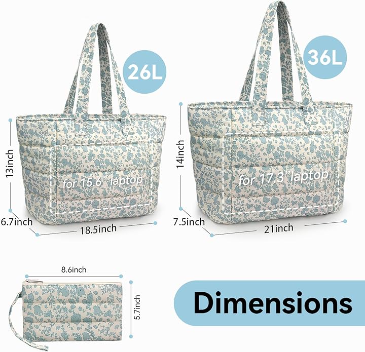 Puffer Tote Bag with Pouch,Women's Lightweight Quilted Shoulder Bag,15.6"/17.3" Laptop Travel Weekender for Work & Nurses