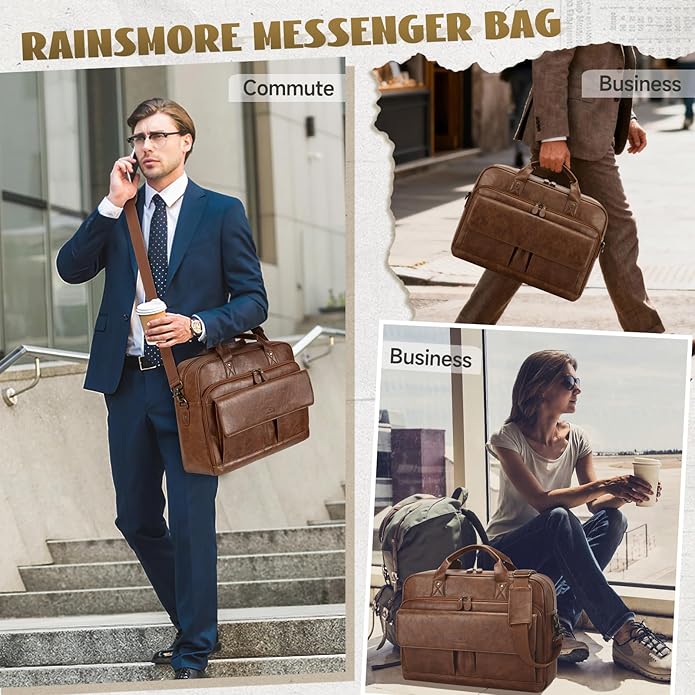 RAINSMORE Mens Laptop Bag PU Leather Messenger Bag 15.6 Inch Briefcase Vintage Computer Satchel Bag for Work Business