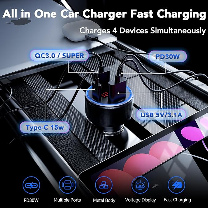 USB Car Charger, 2 Pack Cigarette Lighter USB Charger Aluminum Alloy Fast Charging Car Charger Adapter with Voltage Display Type C Car Accessories for iPhone 17 16 Samsung Galaxy Google iPad Android