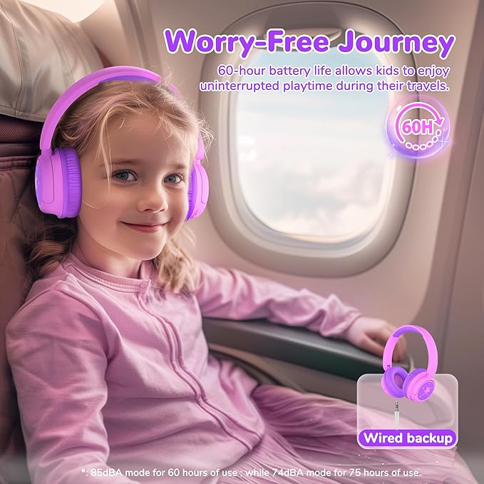 iClever BTH22 Kids Bluetooth Headphones, 60H Play Time, 74/85 dBA Safe Volume, Bluetooth 5.4, USB C, Over Ear Kids Headphones Wireless with Mic AUX Cord for iPad/Tablet/Travel/School (Magenta)