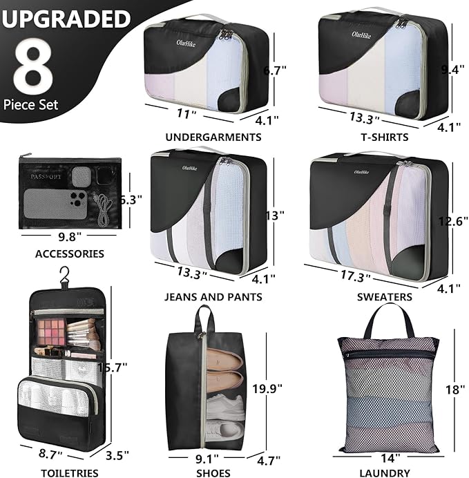 8 Set Packing Cubes for Travel, Gifts for Women Mom,Anti-Tearing Suitcase Organizer,OlarHike Vacation Essentials & Accessories for Cruise Ship