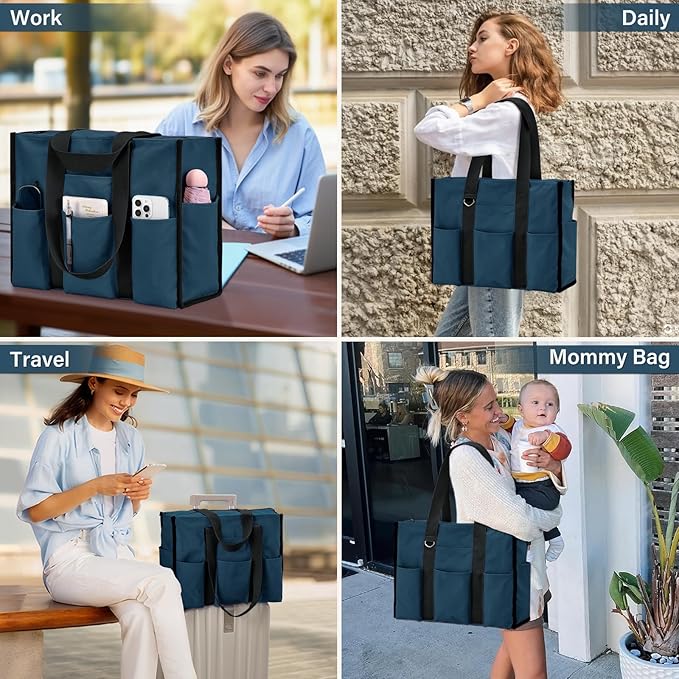 Becokan Large Tote Bag for Women Waterproof with 12 Pockets Top Zipper Closure Utility Teacher Nurse Bags for Work School