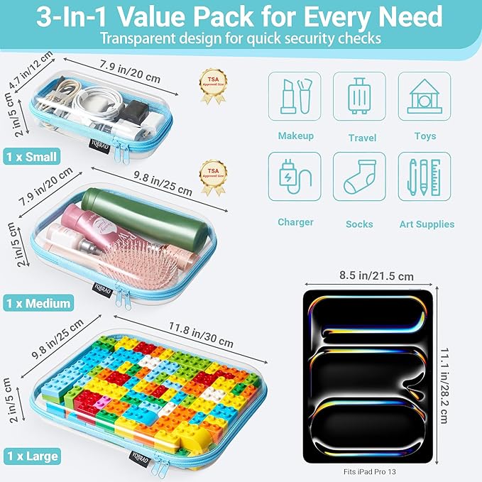 YQBRAO 3-Pack Clear Hard Shell Zipper Case Blue, 1.2mm Heavy-Duty Crush-Proof Travel Makeup Bag, Multi-Size (L+M+S) Diaper Bag Organizer Pouches, Rigid Clear Zipper Pouches for Tech, Toys & Home