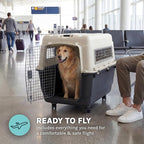 SportPet Airline Compliant X-LARGE 32.25" Travel Dog Kennel-Durable Plastic Airline Pet Carrier w/Removable Wheels & Food Bowls, Collapsible Indoor/Outdoor Dog Kennel, Dog up to 32"L & 23"H-Cream/Gray