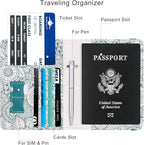 WALNEW Passport Holder for Travel, RFID Passport Cover Wallet for Women Men, PU Leather Passport Book Card Holder Case with Pen (Elastic Band Closure, D-Green Petals)