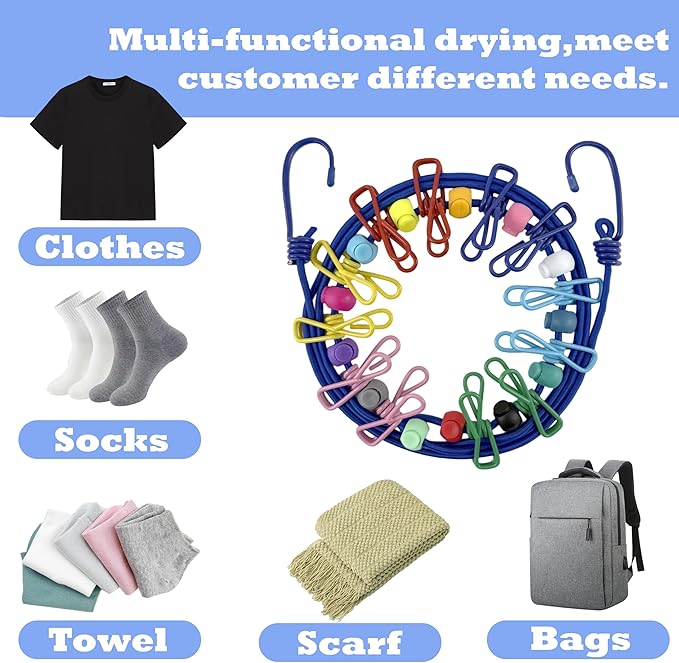 Portable Travel Clothesline,Adjustable Elastic Stretch Line with 12pcs Clothes Clips,for RV Outdoor and Indoor Camping Accessories (Blue)
