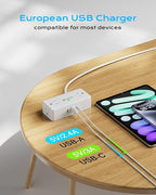 Kakyanill European Travel Plug Adapter, Italy Power Adapter, 4 AC Outlets, 3 USB Ports (2 USB C), 5ft Flat Extension Cord, for Italy Chile Libya