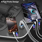 USB C Car Charger, 65W 4-Port 12V USB Car Power Cigarette Lighter Adapter with Voltage Display QC/PD 3.0 Super Fast Charge Type C Car Charger for iPhone 17 16e 15 Pro Max Air Pad Pro+4 Pack C Cords