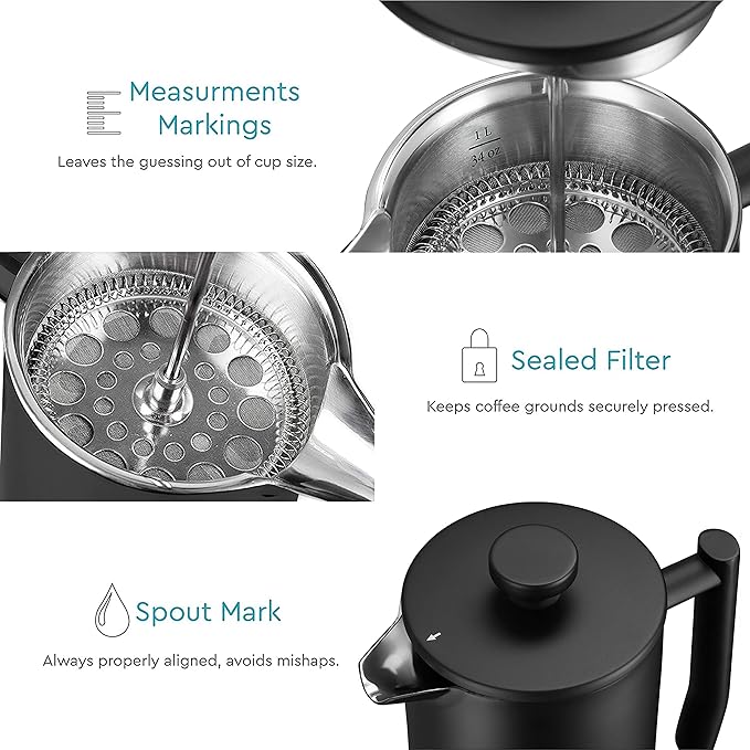 Belwares French Press Coffee Maker - Large 50oz 6-Cup, 304 Stainless Steel Coffee Press, Double Wall Insulated Heat Retention, 4-Level Filtration for Smooth Ground-Free Coffee, 2 Extra Filters, Black
