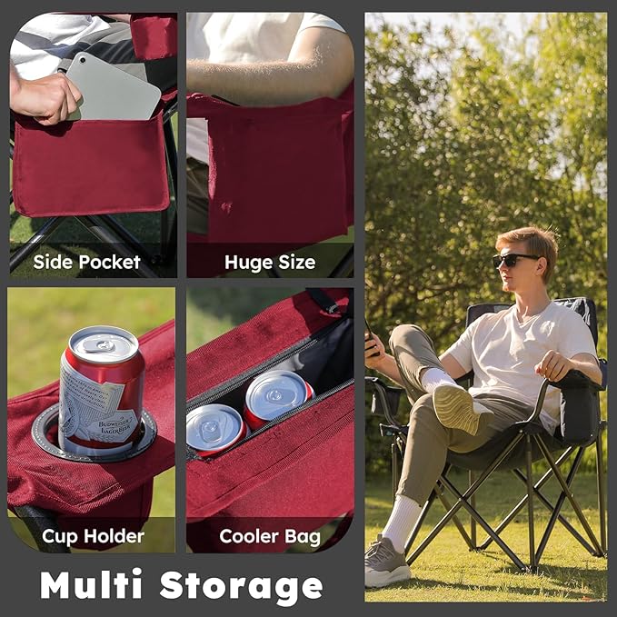 Colegence Oversized Folding Camping Chairs - 450 LBS Support Heavy Duty Camp Chair with Padded Cushion, Portable Outside Chairs with Carry Bag，Cooler, Cup Holder for Outdoor, Lawn, Sports - Red
