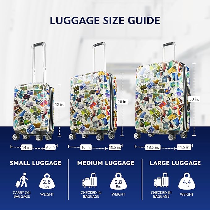 FUL Disney Stamps 26 Inch Rolling Luggage, Hardshell Checked Suitcase with Spinner Wheels, Multi