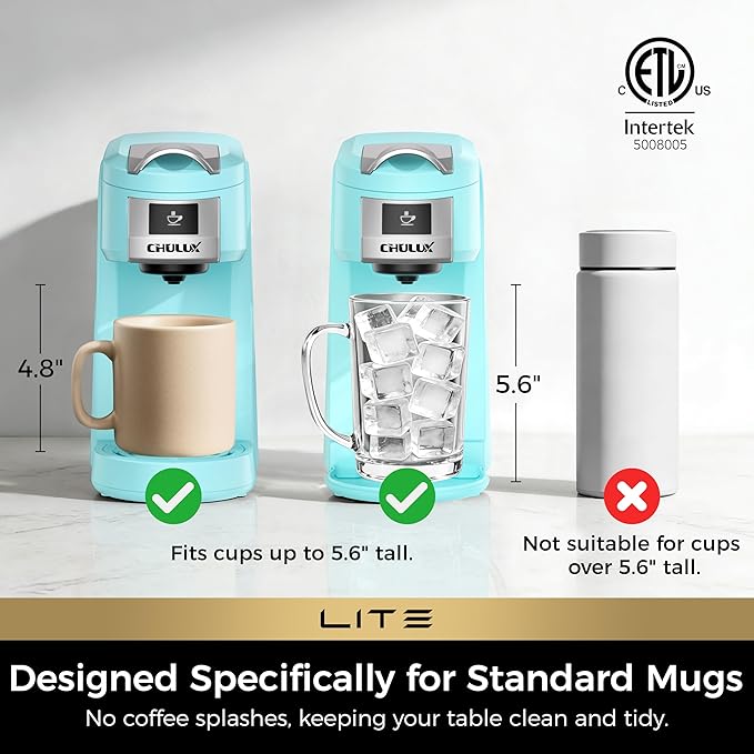 CHULUX Lite Single Serve Coffee Maker for K Cup Capsules, Single Cup Reservoir Coffee Maker with One Touch Brewing, 5 to 12 Oz Brew Sizes, Designed Specifically for Standard Mugs, Cyan