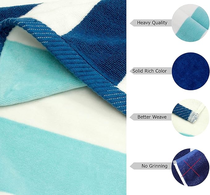 COTTON CRAFT Hooded Beach Towel – Oversized 35 x 70 Towel with Hood for Adults - 100% Cotton Velour Terry Towel - Pool Bath Wrap - Super Soft Plush Absorbent Quick Dry – 630 GSM – Cabana Stripe Blue