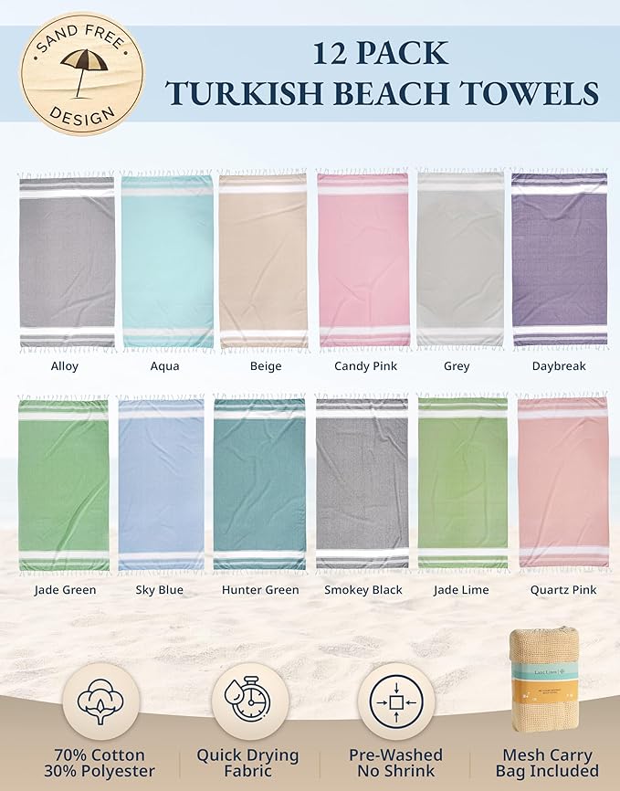 LANE LINEN Turkish Beach Towels Set of 12, Oversized Beach Towel, Lightweight Beach Essentials for Women, Large Pool Towel, Absorbent & Quick Dry, Sand Free Beach Towel, 39"x71" - Dazzling Dozen