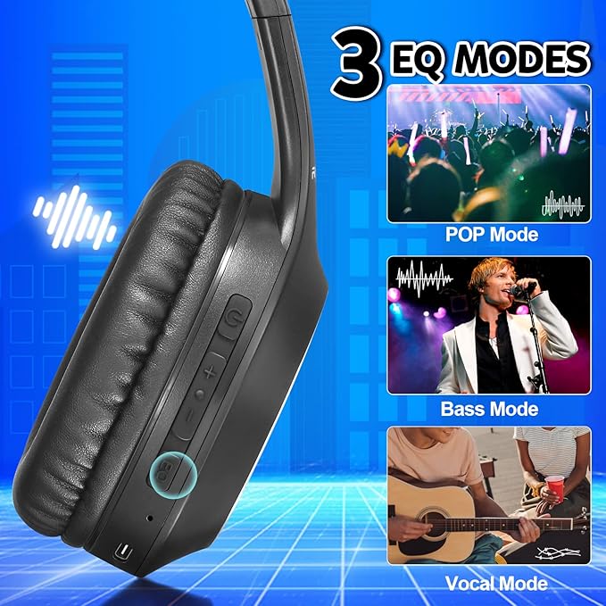 Rydohi Bluetooth Headphones Over Ear, 68H Playtime and 3 EQ Music Modes Wireless Headphones with Microphone/Deep Bass, HiFi Stereo Foldable Lightweight Headset for PC Home Travel Office （Black