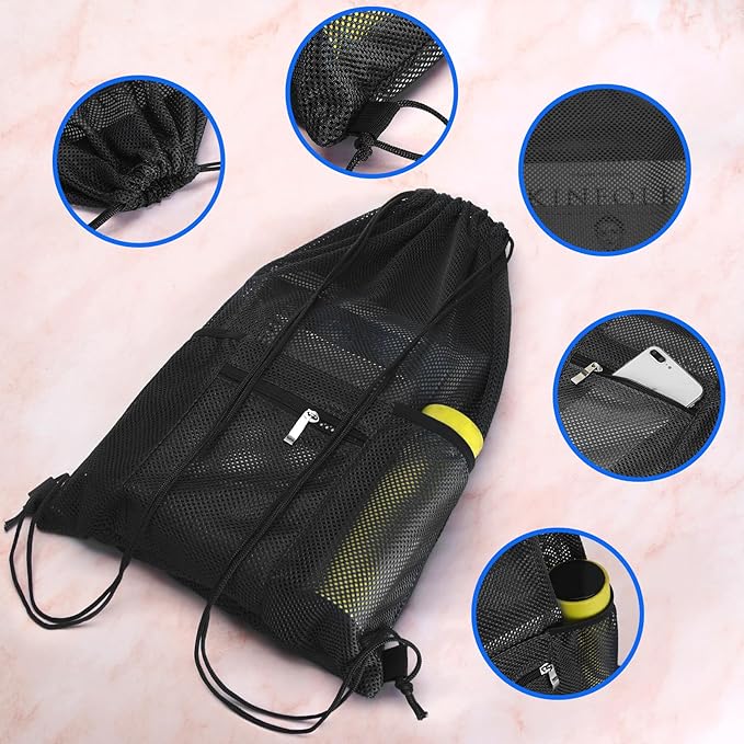 NATURAL STYLE Mesh Drawstring Backpack Bag, Gym Sports Bag with Zipper Pocket Bottle Holder, String Beach Bag for Swiming Travel (Black)