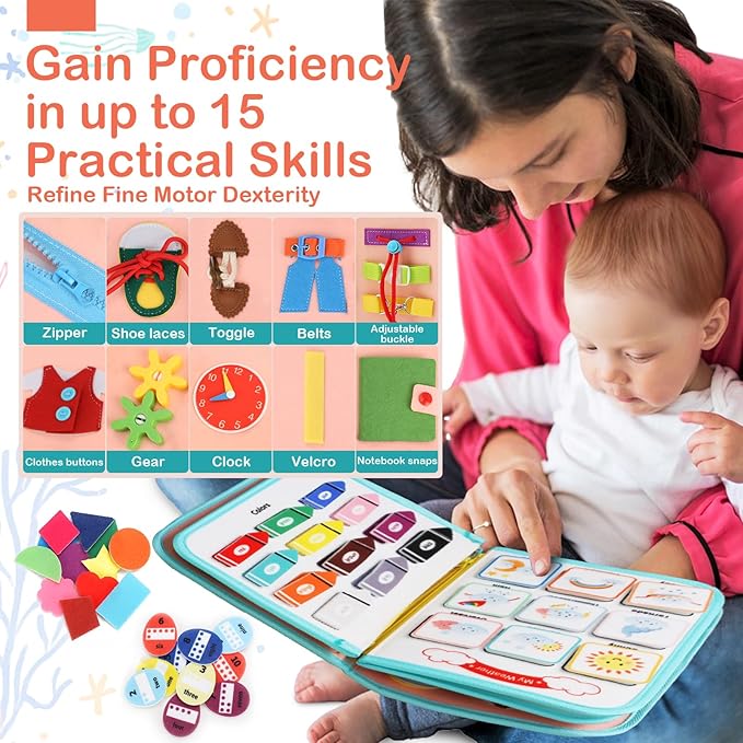 Teefrye Toddler Busy Board Montessori Toys for Toddlers 1-3 Year Old Educational Activity Book Board Sensory Travel Toys Ages 2-4 Preschool Learning Fine Motor Skills Toy Quiet Book Gift for Kids