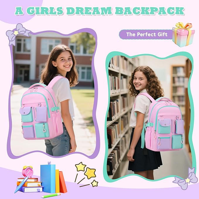 Kids Backpack, Backpack for Girls for Elementary School Multiple Pockets Ages 6-10(Pink)