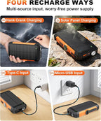 Solar Power Bank with Hand Crank and Retractable Cables, 20000mAh Wireless Portable Charger with USB-C & Camping Light, 25W Fast Charging Battery Pack for iPhone, iPad, Samsung, All Mobile Phones