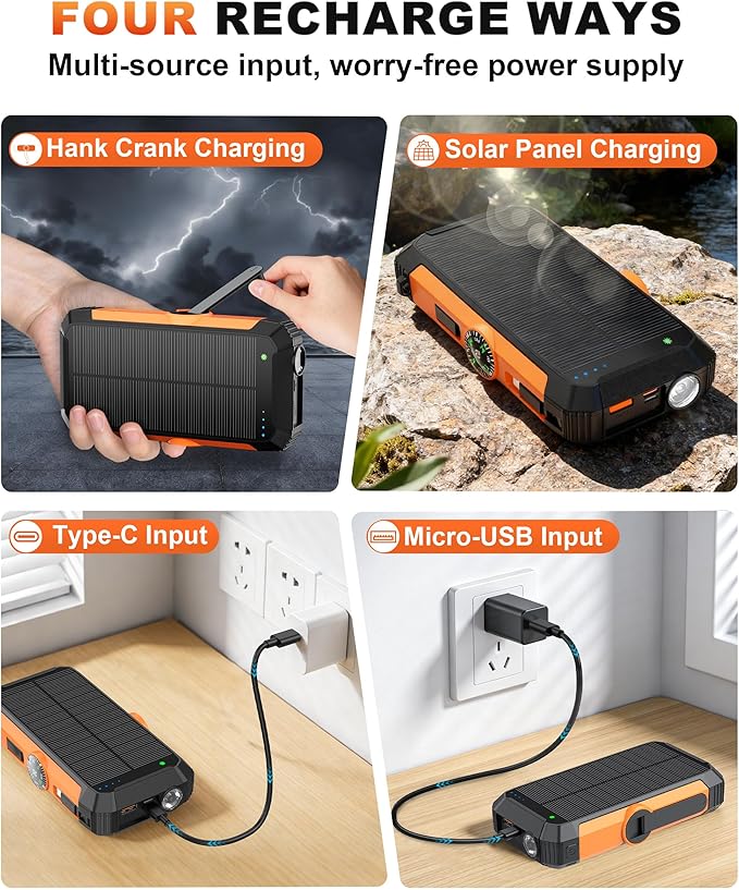Solar Power Bank with Hand Crank and Retractable Cables, 20000mAh Wireless Portable Charger with USB-C & Camping Light, 25W Fast Charging Battery Pack for iPhone, iPad, Samsung, All Mobile Phones
