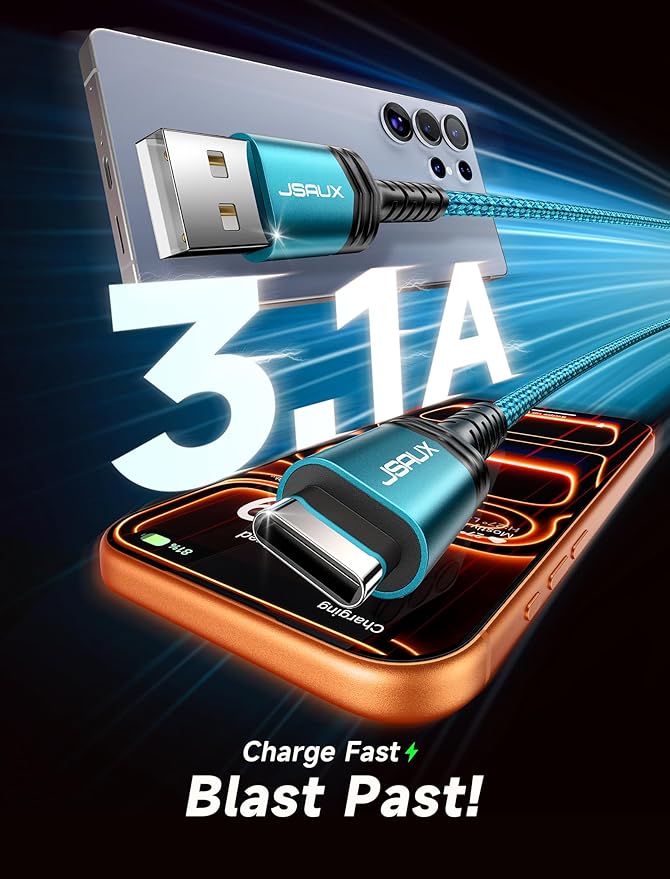 JSAUX USB C Cable [2-Pack 10ft], USB A to USB Cord Fast Charging for iPhone 17 Air, iPhone 17, iPhone 17 Pro, iPhone 17 Pro Max, iPhone 16/iPhone 15 Series, Samsung S20 S10, Note 20 10, Car Play-Green