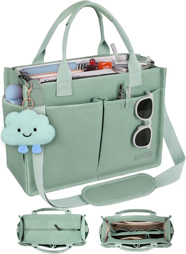 BESBESME Canvas Tote Bag for Women with Zipper & Compartments– Large Work & College Laptop Tote Crossbody Shoulder Bag