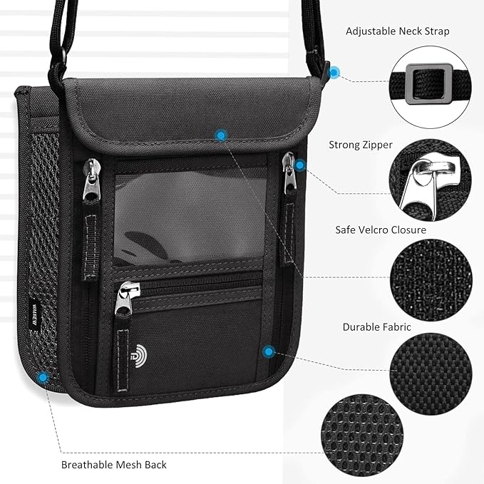 WALNEW Passport Holder Neck Pouch Travel Wallet for Women and Men, RFID Blocking Security Slim Traveling Wallet with Around Neck Lanyard Strap, Black