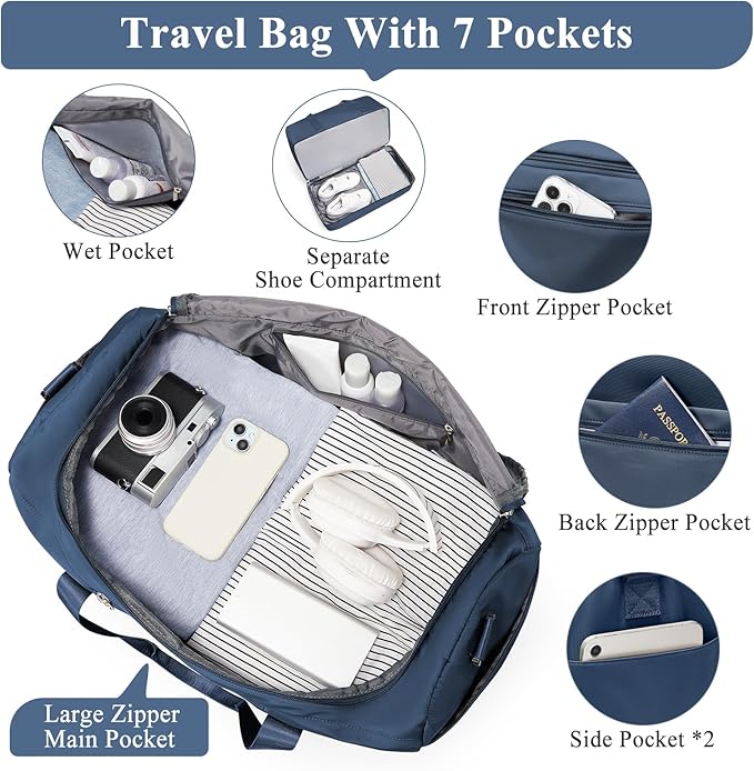 Extra Large Travel Duffle Bag,Carry on Overnight Bag with Shoes Compartment,Weekender Bags for Women for Travel Business Trips Sport Hospital,3 Pcs Set,Dark Blue