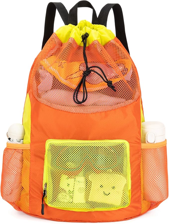 Swim Bag for Kids Mesh Beach Backpack for Boys Lightweight Drawstring Beach Bag Swimming Pool Sports Gym String Bag (Orange)