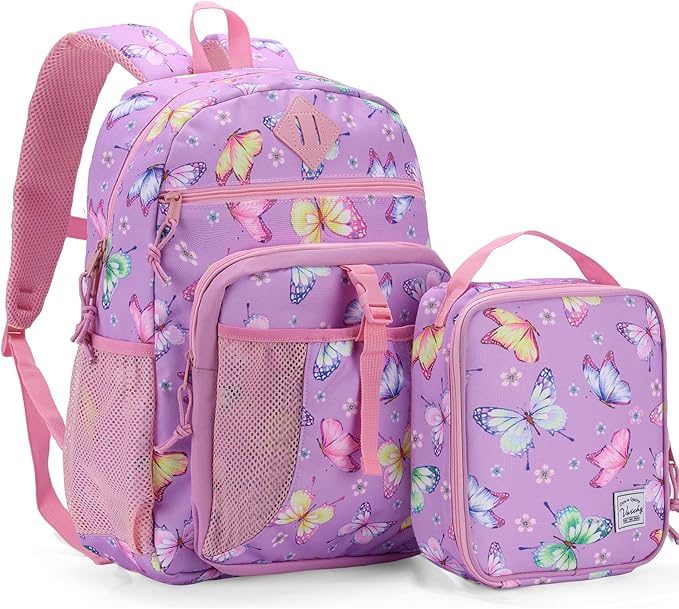 VASCHY Toddler Backpack Lunch Bag Set, Girls School Bookbag Insulated Lunch Box for Kids Preschool,Daycare,Kindergarten,Elementary School Butterfly
