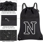 HOLYLUCK Drawstring Bags Initial Backpack Sackpack Cinch Bags for Sports, Gym, Travel, Beach (Black-N)