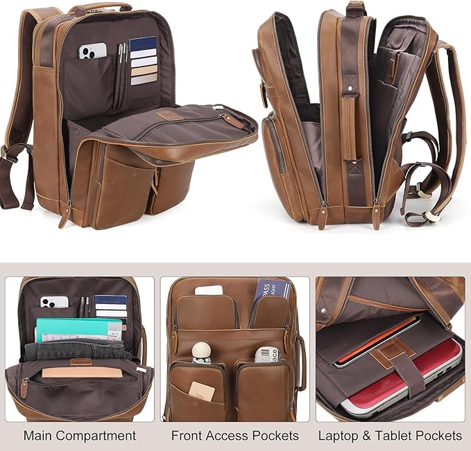 TIDING 17.3 Inch Full Grain Leather Laptop Backpack for Men Multi Pockets Casual Daypack Travel Rucksack