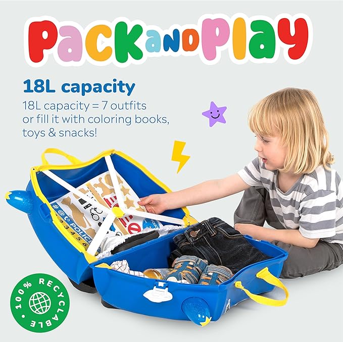Trunki Ride-On Kids Suitcase | Tow-Along Toddler Luggage | Carry-On Cute Bag with Wheels | Airplane Travel Essentials: Percy Police Car Blue