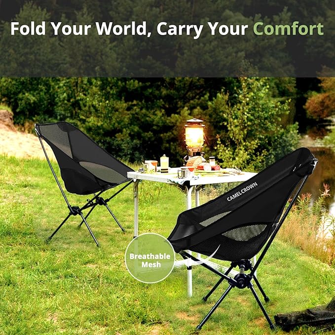 CAMEL CROWN Portable Camping Chair Lightweight Compact Folding Chair Mesh for Outdoor Camp Travel Beach Picnic Festival Hiking Backpacking Black 2 Pack