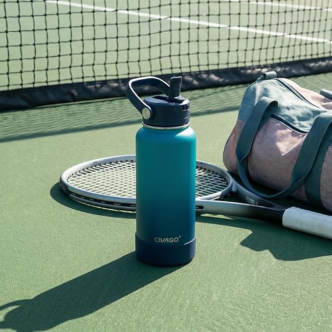 CIVAGO 40 oz Insulated Stainless Steel Water Bottle with Detachable Straw, Large Metal Water Jug with Bucket Handle, Leakproof Sports Water Flask with Silicone Boot, Dishwasher Safe, Dark Rainbow