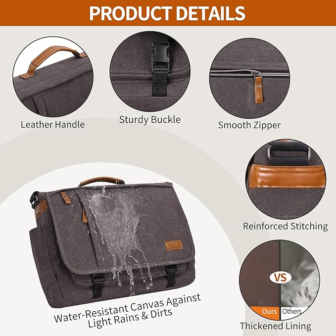ESTARER Men Messenger Bag 17-17.3 Inch Laptop Bag Water-resistant Canvas Computer Shoulder Bag Briefcase for Work College Travel, Grey