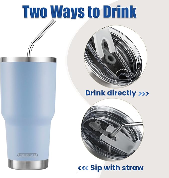D·S 30oz Blue Tumbler Stainless Steel Double Wall Vacuum Insulated Mug with Straw and Lid, Cleaning Brush for Cold and Hot Beverages