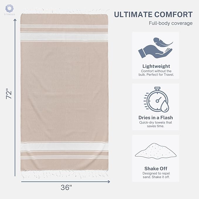 Cotton Turkish Beach Towel with Towels Oversized 36"x72" Pool Absorbent Extra Large Quick Dry Sand Travel Towel (Beige, 4 Pack)