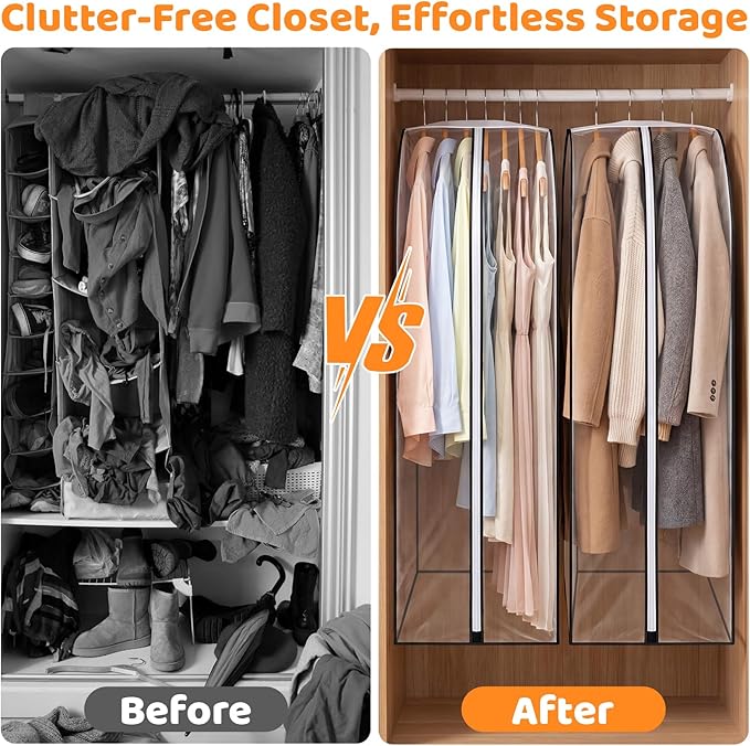 2 Pack Full Clear Garment Bags with Side Zipper, 40" Clothes Covers with 10" Gusset, Transparent Hanging Suit & Coat Covers for Closet Storage, Dresses, Windbreakers, Jackets