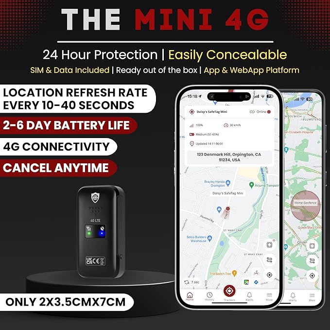 SafeTag Mini 4G - 4G LTE Rechargeable Mini GPS Tracker, Car, Van, Motorbike etc. 34-205 Countries, Real Time Tracking and Notifications, 7 Day Free Trial - Sim Included, 12 Month Warranty