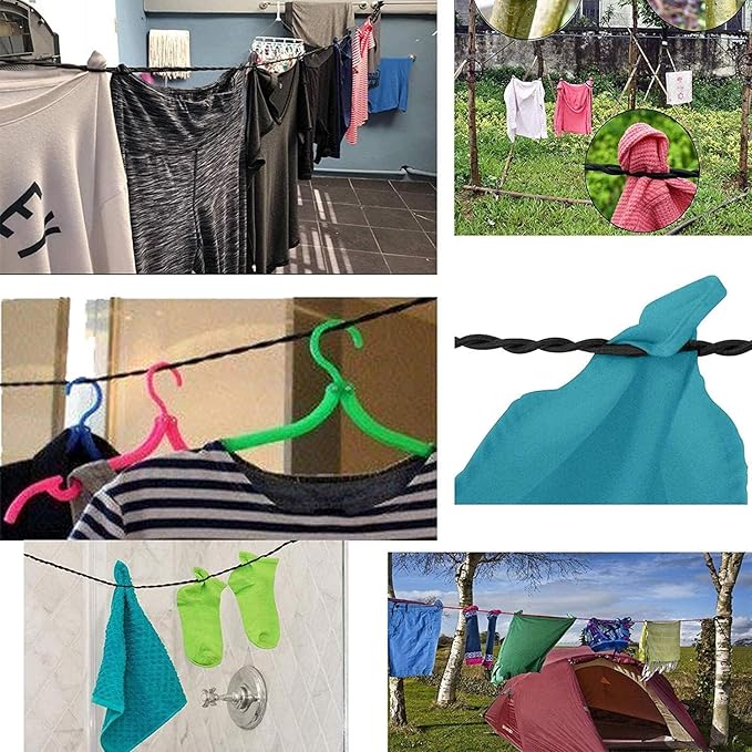 Bungee Cord Clothesline,Tri-Braided Cord Clothes Line,Portable Travel Clothesline Laundry Clothesline (with 2 Strong Suction Cups) for Home,Camping,Travel,Indoor or Outdoor Use - No hanger hook needed
