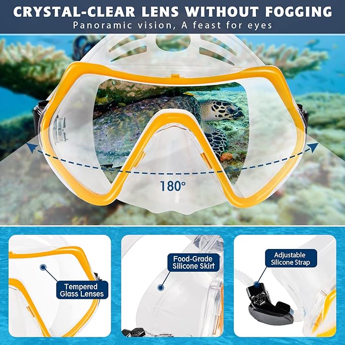 ZEEPORTE Mask Fin Snorkel Set, Travel Size Snorkeling Gear for Adults with Panoramic View Anti-Fog Mask, Trek Fins, Dry Top Snorkel and Gear Bag for Swimming Training, Snorkeling Kit Diving Packages