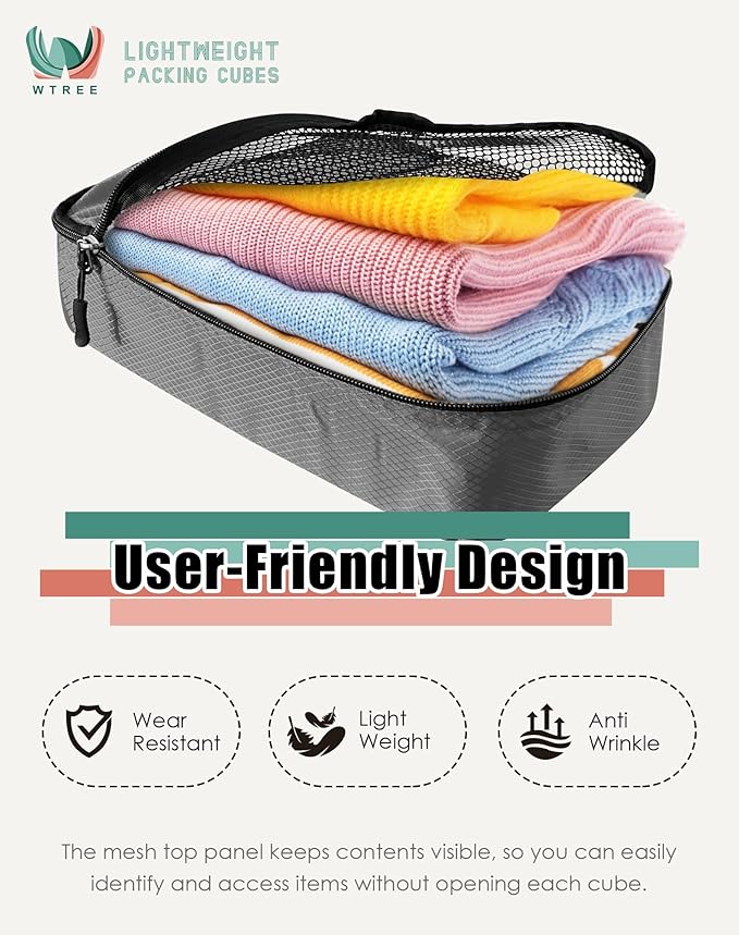 WTREE 4-Piece Packing Cubes Travel Accessories Set for Suitcases - Luggage Organizer Bags with Double Zipper - Mesh Top - Large - Dark Grey